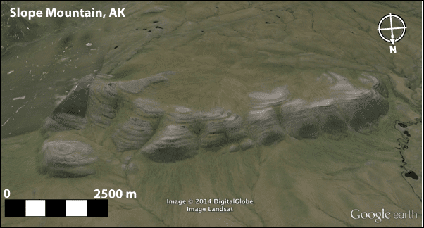 Figure 1. Oblique view of Slope Mountain showing the visible Nanushuk Formation stratigraphy on the north side of the syncline.  Modified Google Earth screenshot, with vertical exaggeration of 2x.