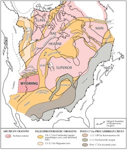 Figure 1: Ancient cratons (pink) and intervening 2.0-1.7 Ga orogenic belts (gold) of ancestral North America, including the Wyoming province and the Big Sky orogeny.  Adapted from Hoffman(1988) and Bleeker & Hall (2007). 