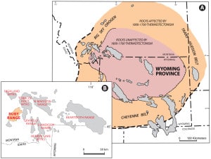 Figure 2: Precambrian basement rock exposures (grey) of the Wyoming province.  A.  The Archean core of the Wyoming province (pink) is flanked by 2.0-1.7 Ga suture zones (gold):  Trans-Hudson orogen, Cheyenne Belt, and Big Ski orogen.  B.  Laramide ranges that expose Precambrian rocks in southwest Montana.  The Ruby Range is highlighted in gold. Dillon (D) and Twin Bridges (TB) located at stars. 