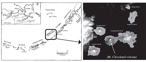 Figure 2. The Islands of the Four Mountains, Alaska, showing Carlisle and Chuginadak Islands in the study area. Yunaska and Amukta to the west not shown. Preliminary 14C dates show explosive eruptions in the IFM at circa 2700 and 3600 calib. yBP (Nicolaysen, unpublished data), synchronous with human movement westward to the central Aleutians (image from: NASA Earth Observatory, 2012).