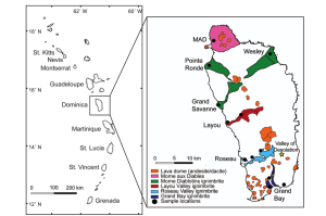 Figure 1. Dominica is located in the central portion of the Lesser Antilles volcanic arc (map from Lindsay et al., 2005a). The geologic map of Dominica shows <1 Ma lava dome and ignimbrite deposits (modified from Smith and Roobol, 2013).