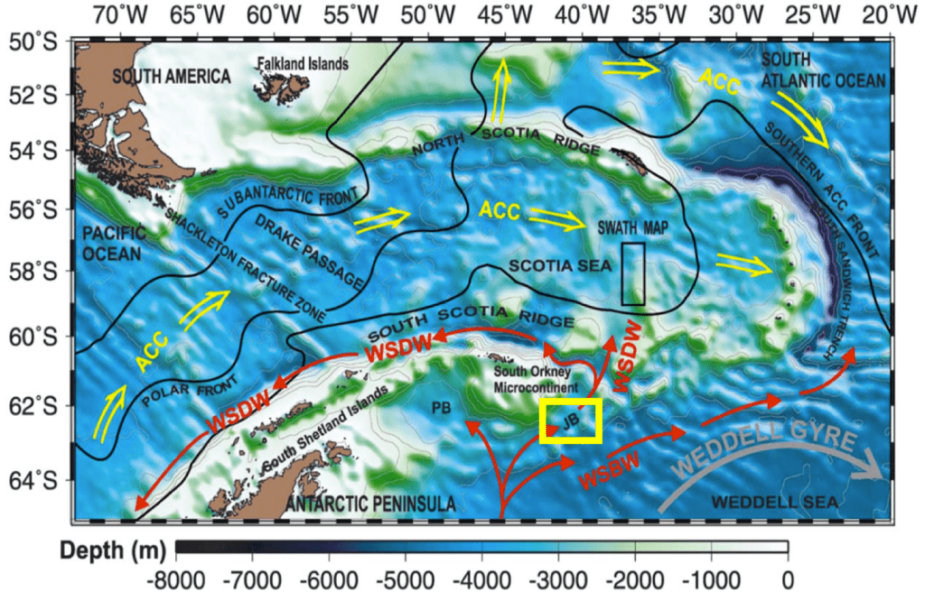 Figure 1. Modern bathymetric and oceanographic features of the northeastern Weddell and Scotia Seas. Solid red arrows show Weddell Sea Deep Water (WSDW), dense water above 4000m and Weddell Sea Bottom Water (WSBW), dense water deeper than 4000 m, exiting the Weddell Sea, joining Antarctic Circumpolar Current (ACC) and forming Antarctic Bottom Water (AABW). Yellow box (JB = Jane Basin) shows location of transect of ODP cores, PB = Powell Basin. (from Maldonado et al., 2003).