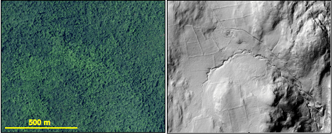 Figure 3: An aerial image shows a forested landscape while a hillshaded DEM derived from LiDAR data for the same area reveals polygons of stone wall lined fields, an old road, circular charcoal hearth platforms (lower right), an old foundation, and gully erosion. Data sources: CTECO (imagery) and USDA NRCS (LiDAR).